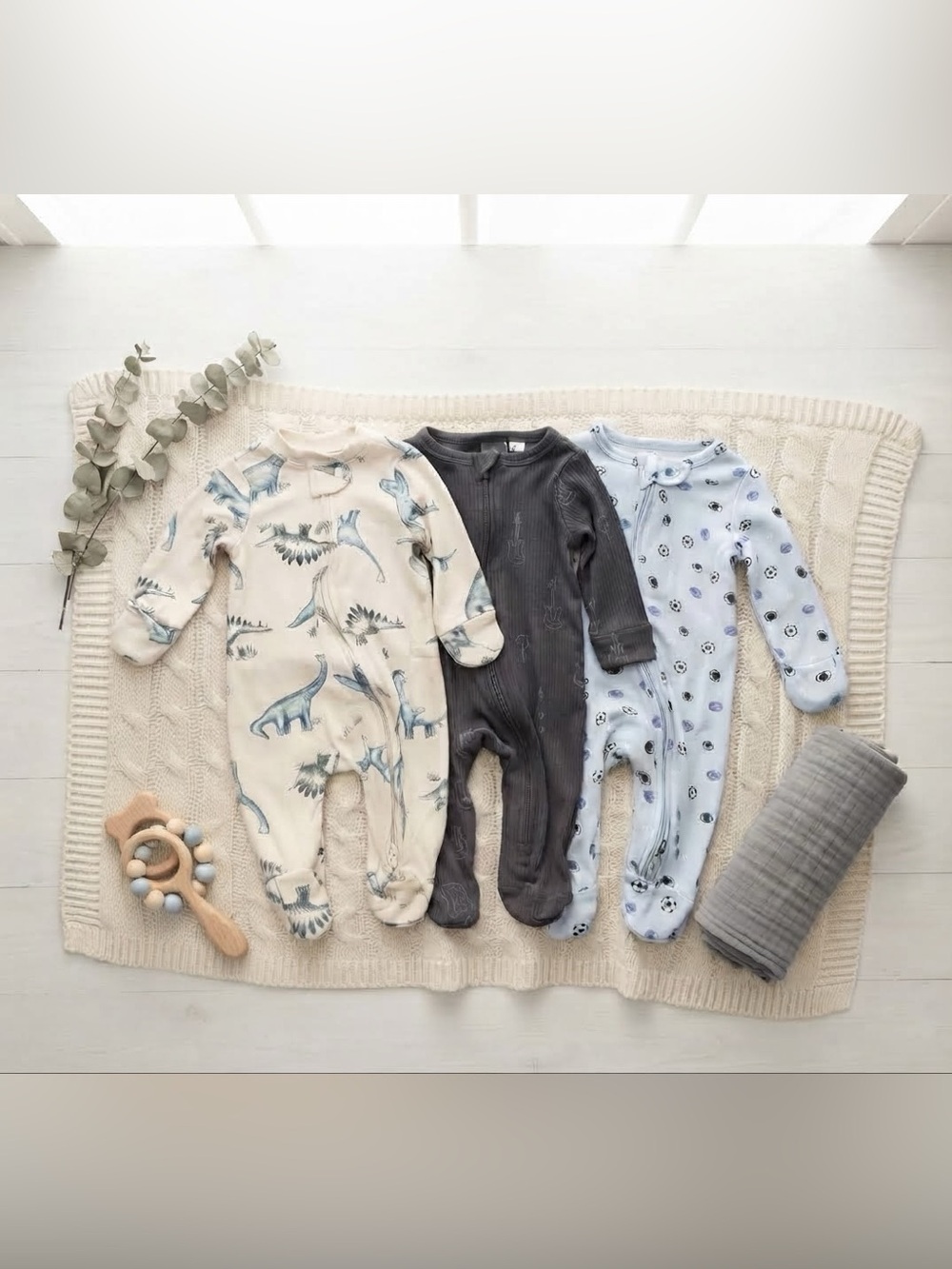 Neutral Cream, Charcoal, and Light Blue Newborn Sleepers